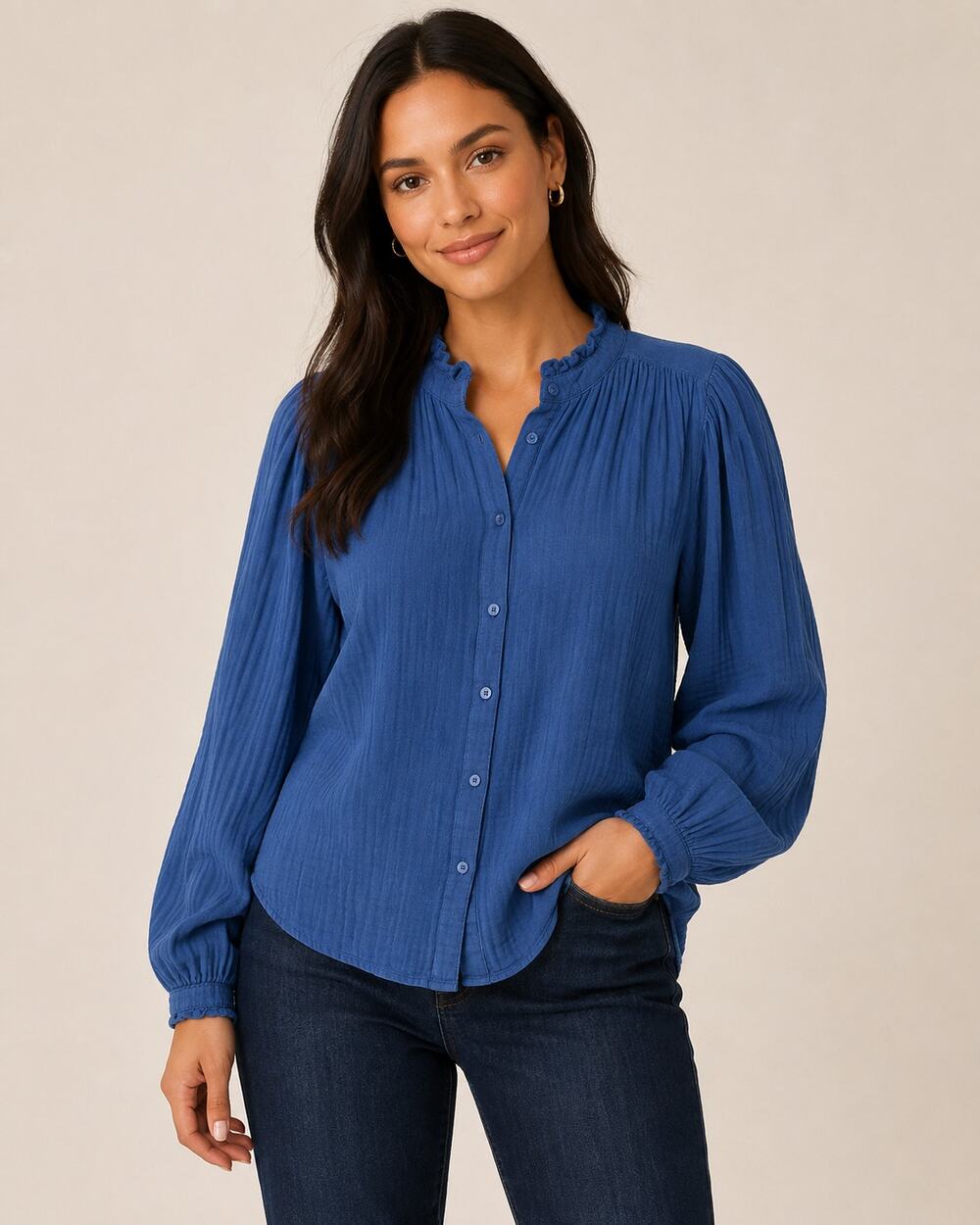 H&M Women's Blue M Cotton Ruffle Neck Gauze Long Sleeve Blouse Top Button Up
